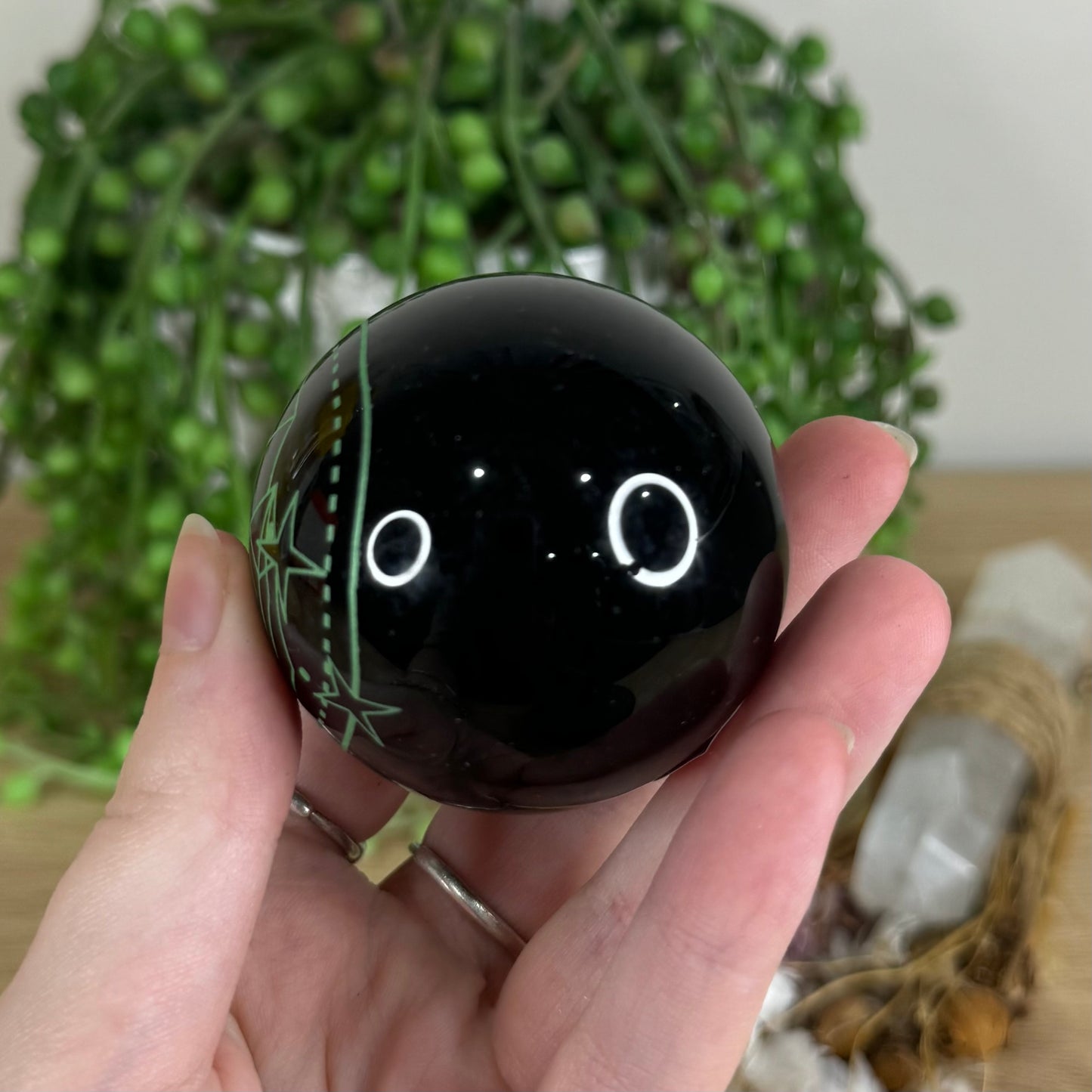 Green Print Black Obsidian Sphere (P540)