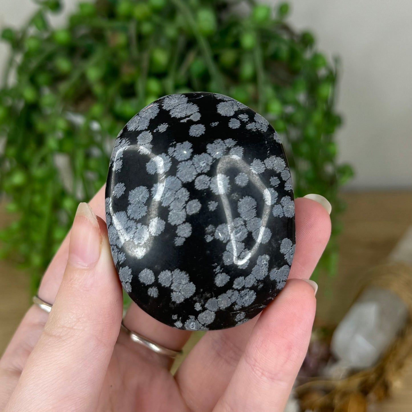 Snowflake Obsidian Palm Stone (Q57)