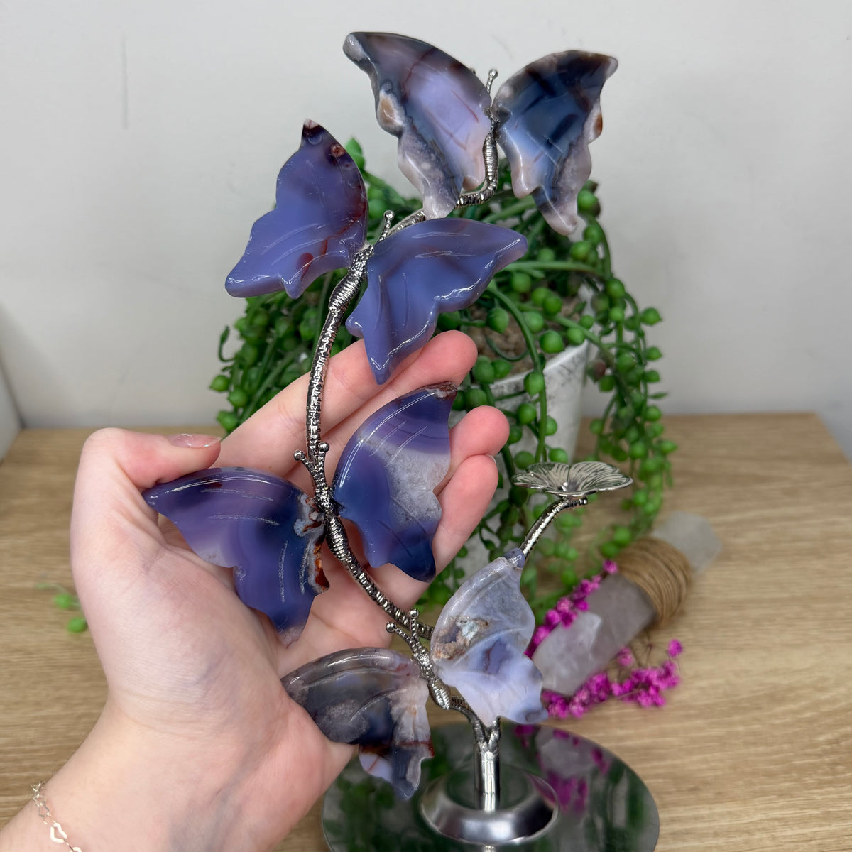 Blue Flower Agate Four Butterfly Stand (405B)