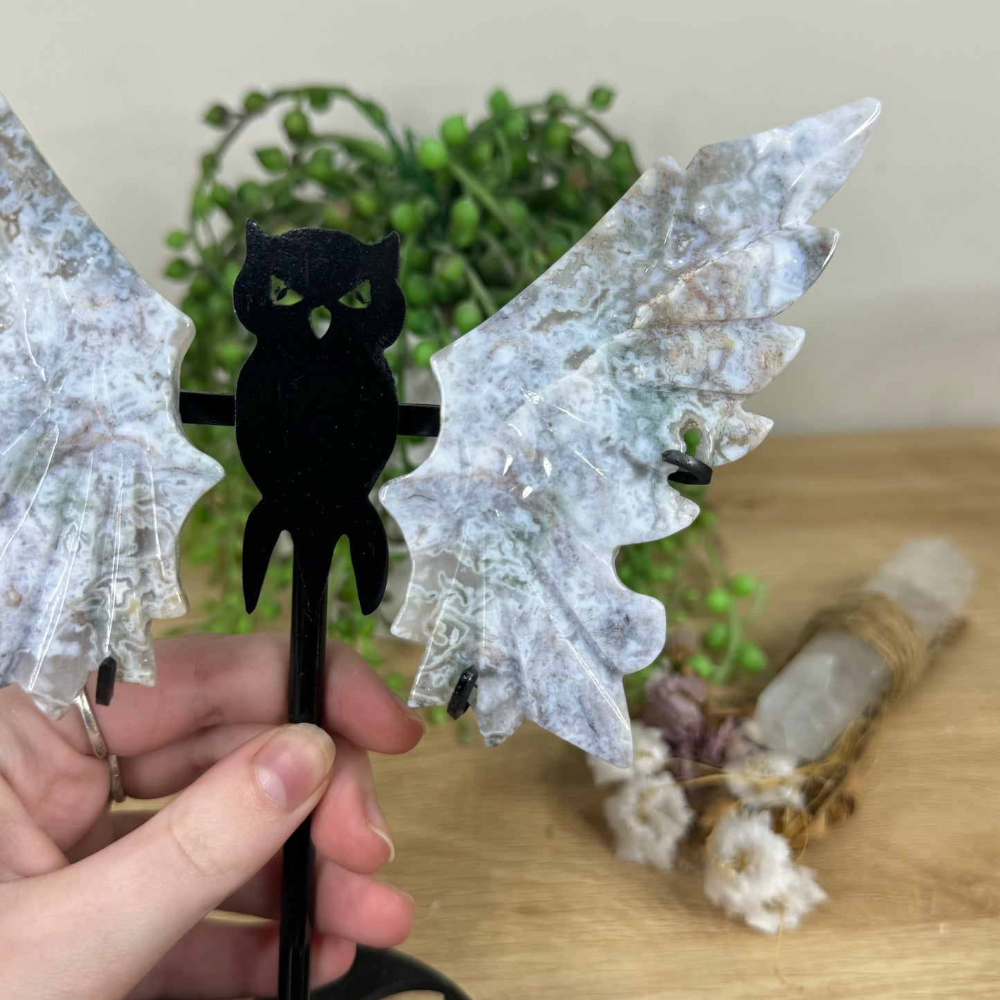 Ocean Jasper Owl Wings On Stand (M858)
