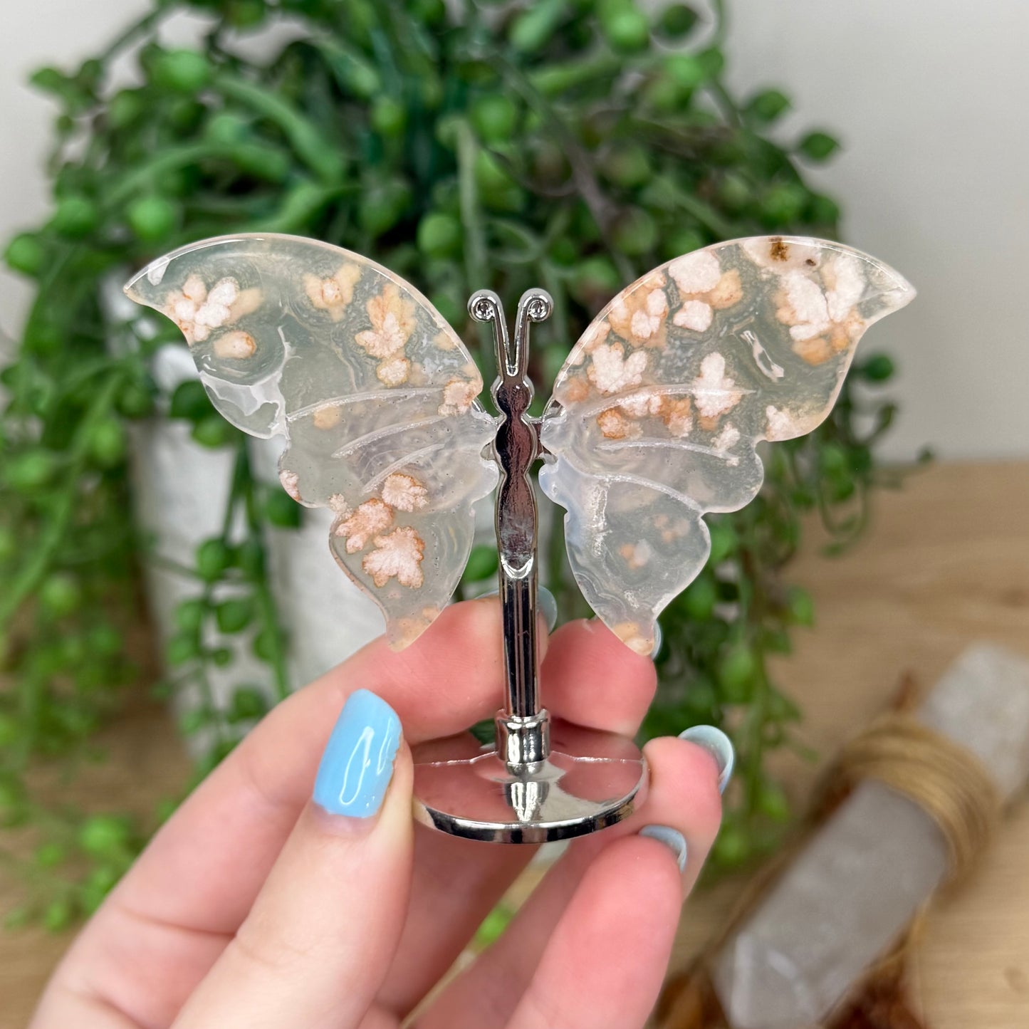 Flower Agate Butterfly Wings On Stand (Z124)