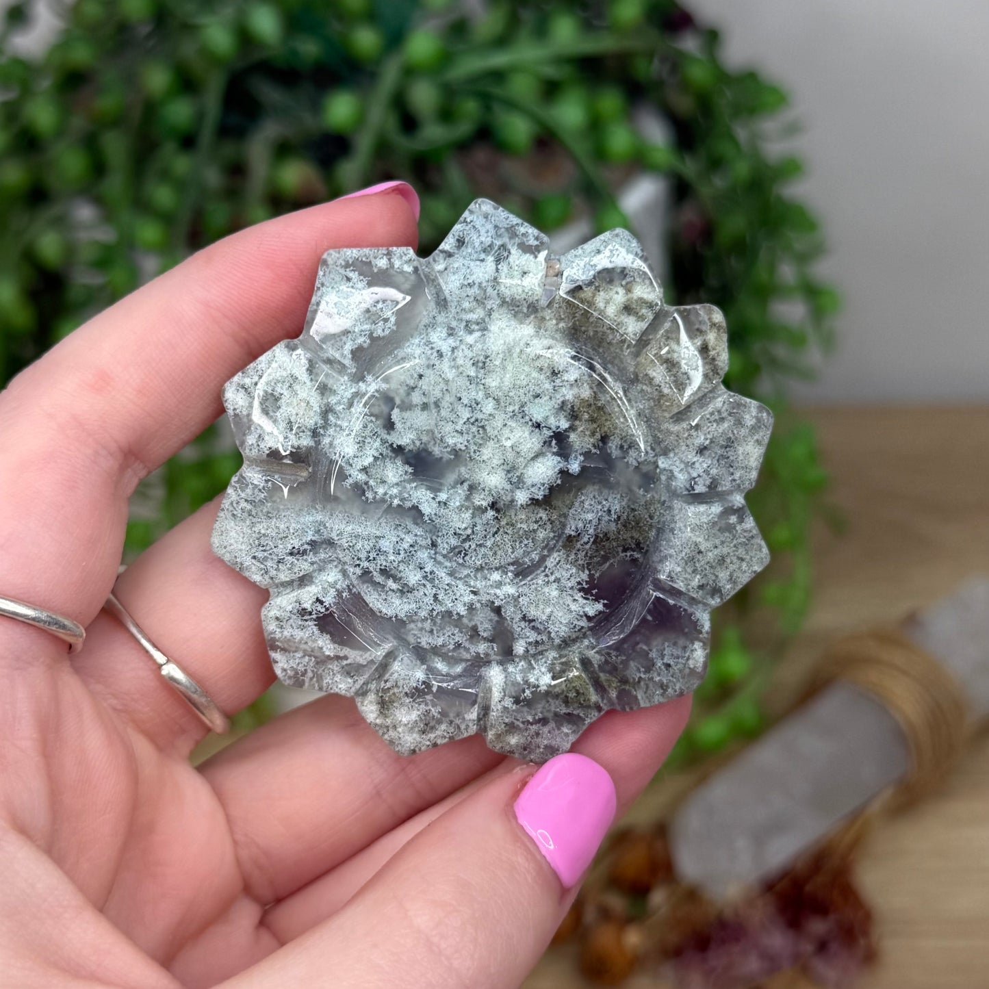 Moss Agate Sun On Stand (Z346)