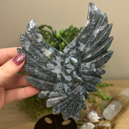 Moss Agate Owl Wings On Stand (J725)