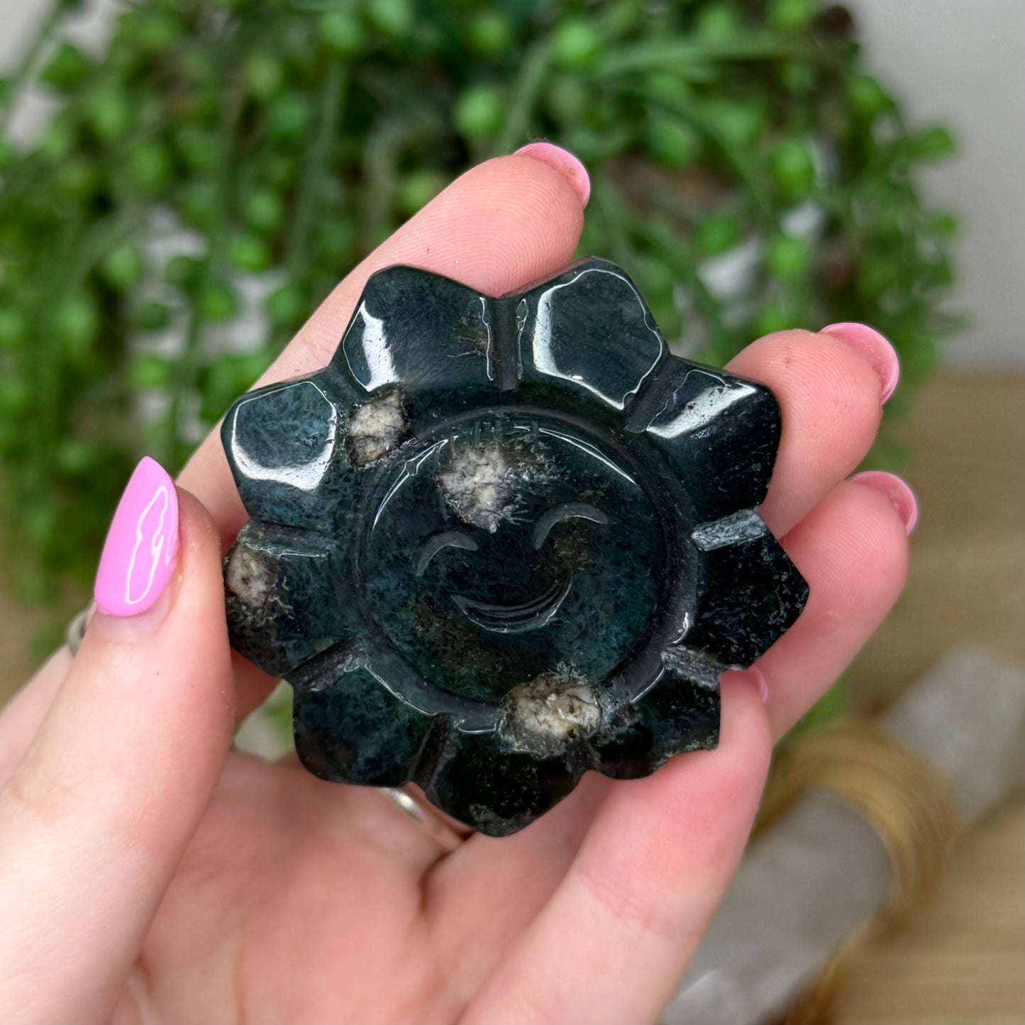 Moss Agate Sun On Stand (Z342)