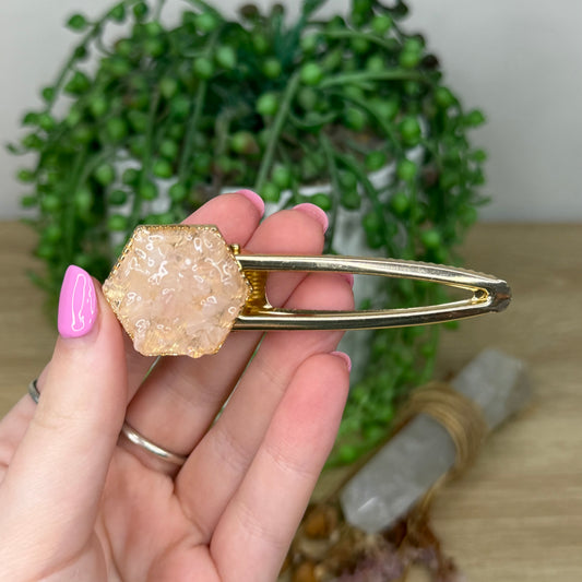 Rose Quartz Hexagon Gold Hair Clip
