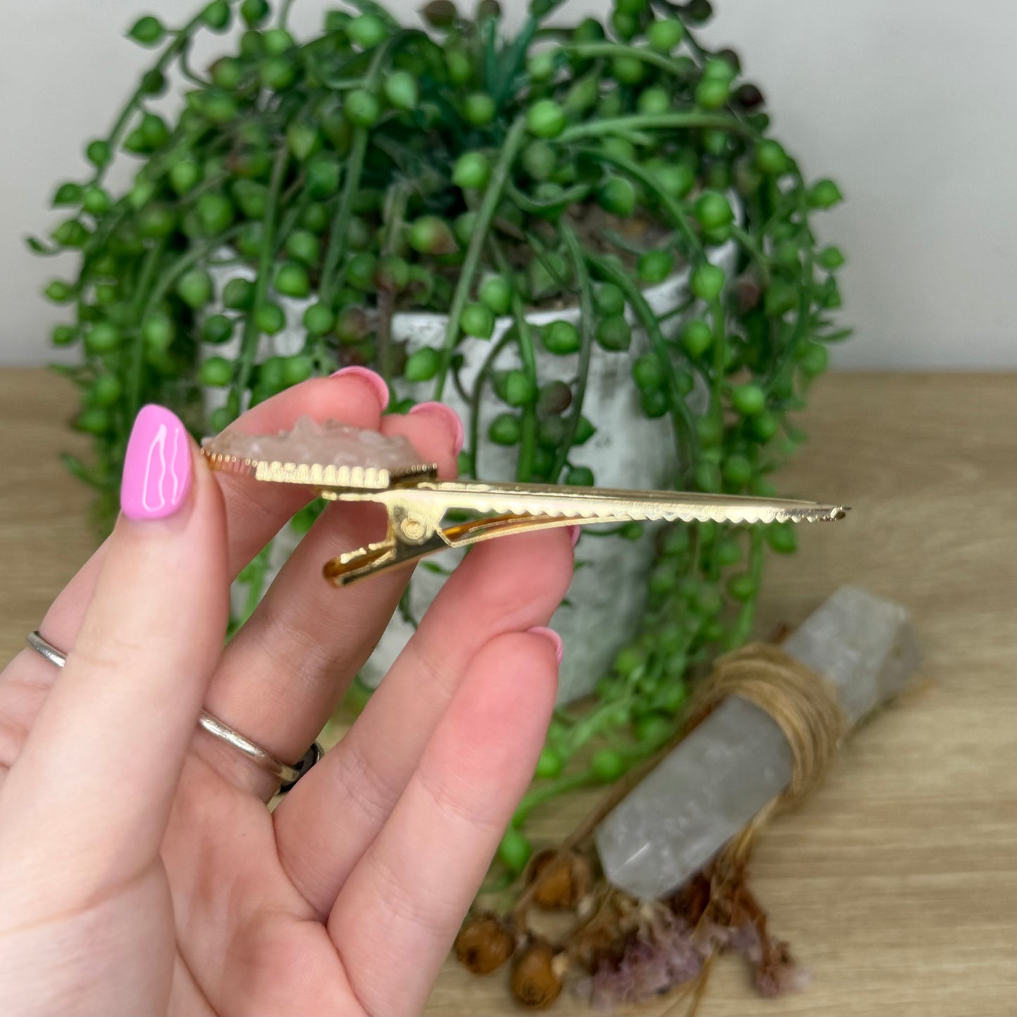 Rose Quartz Hexagon Gold Hair Clip