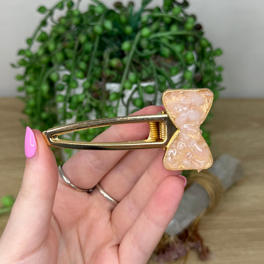 Rose Quartz Bow Gold Hair Clip