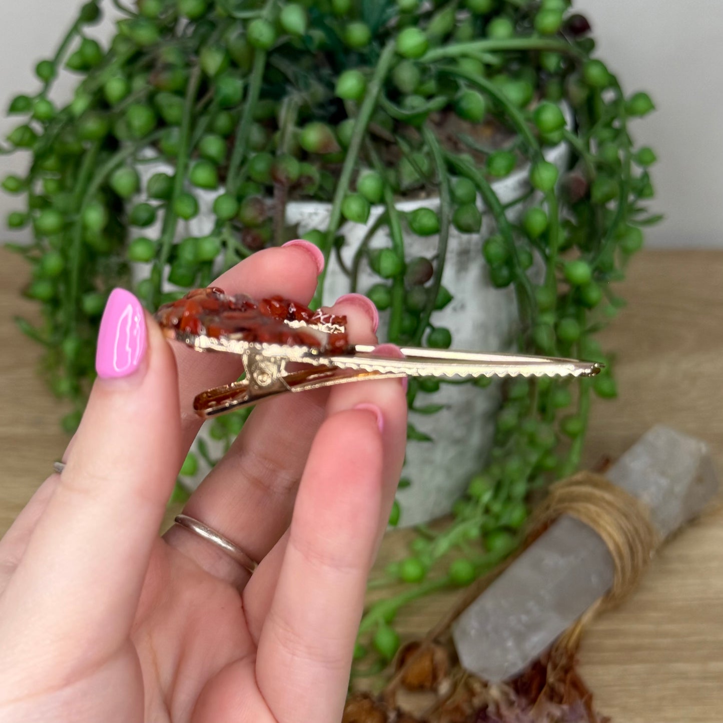 Red Jasper Moon Gold Hair Clip
