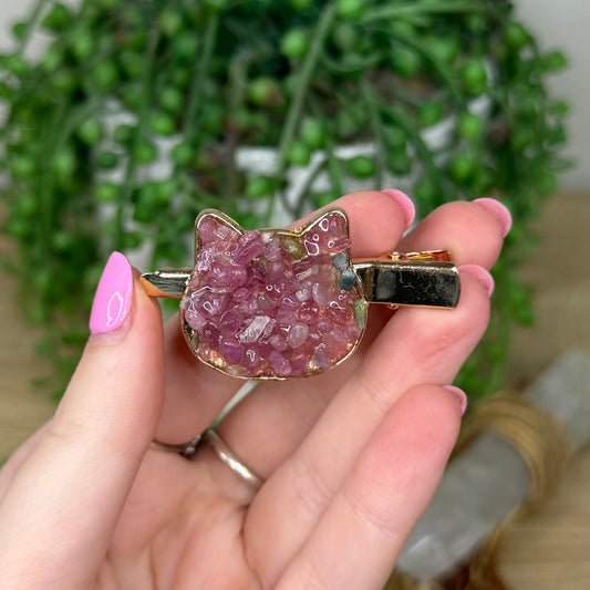 Lavender Rose Quartz Cat Gold Hair Clip