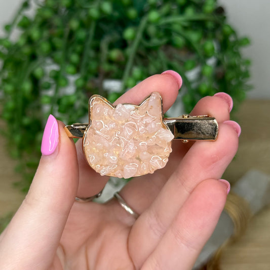 Rose Quartz Cat Gold Hair Clip