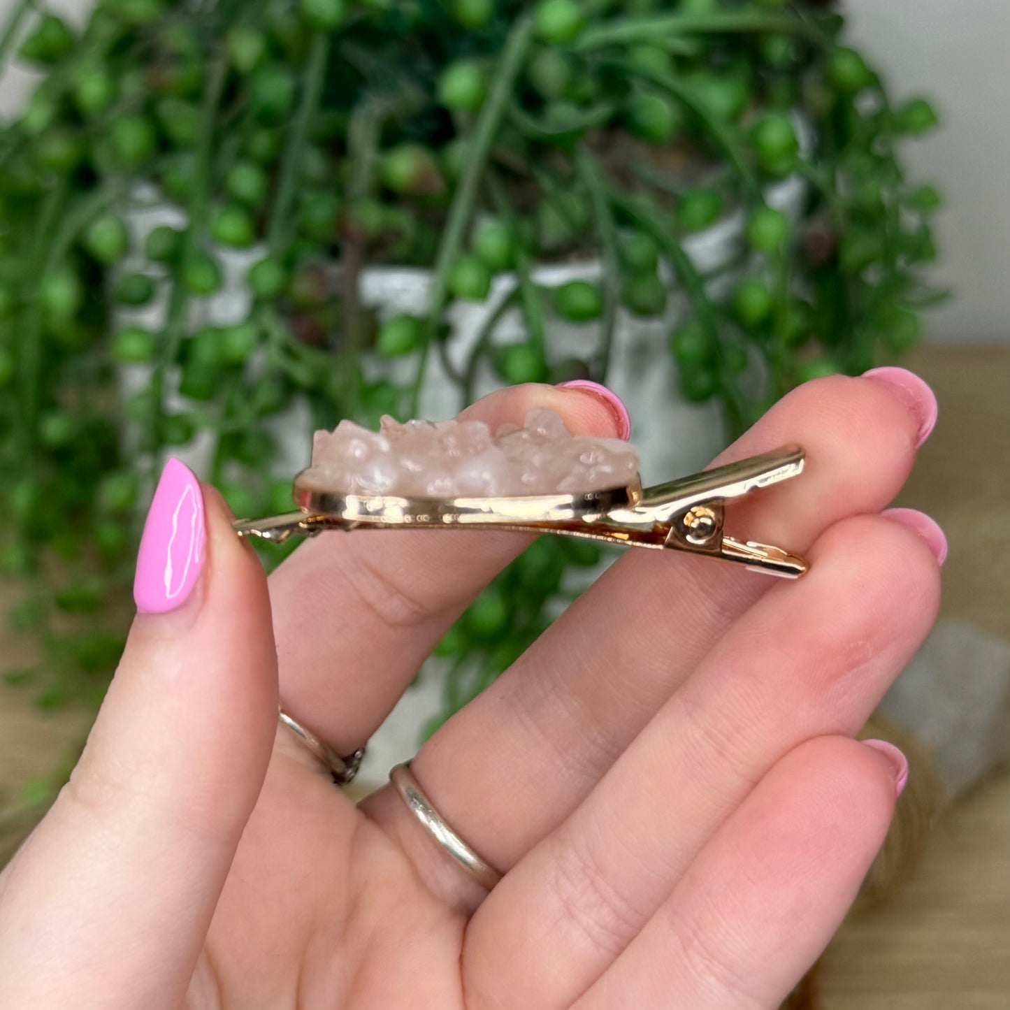 Rose Quartz Cat Gold Hair Clip