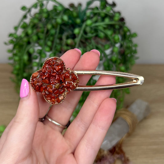 Red Jasper Flower Gold Hair Clip