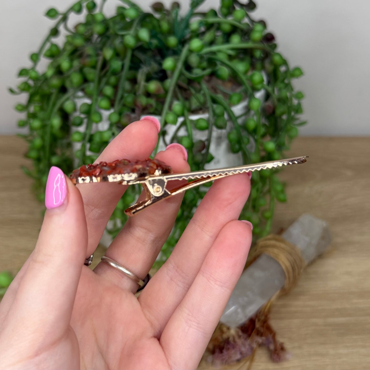 Red Jasper Flower Gold Hair Clip