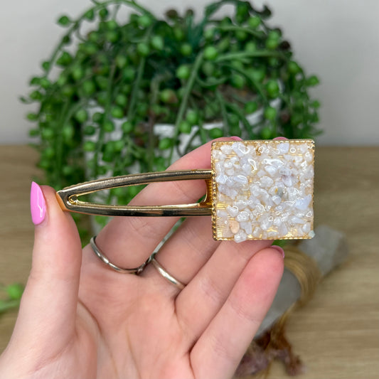 Blue Lace Agate Square Gold Hair Clip