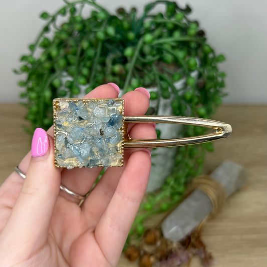 Aquamarine Square Gold Hair Clip