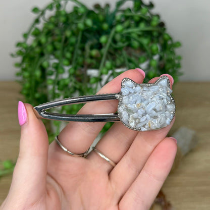 Blue Lace Agate Cat Silver Hair Clip