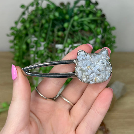 Blue Lace Agate Cat Silver Hair Clip