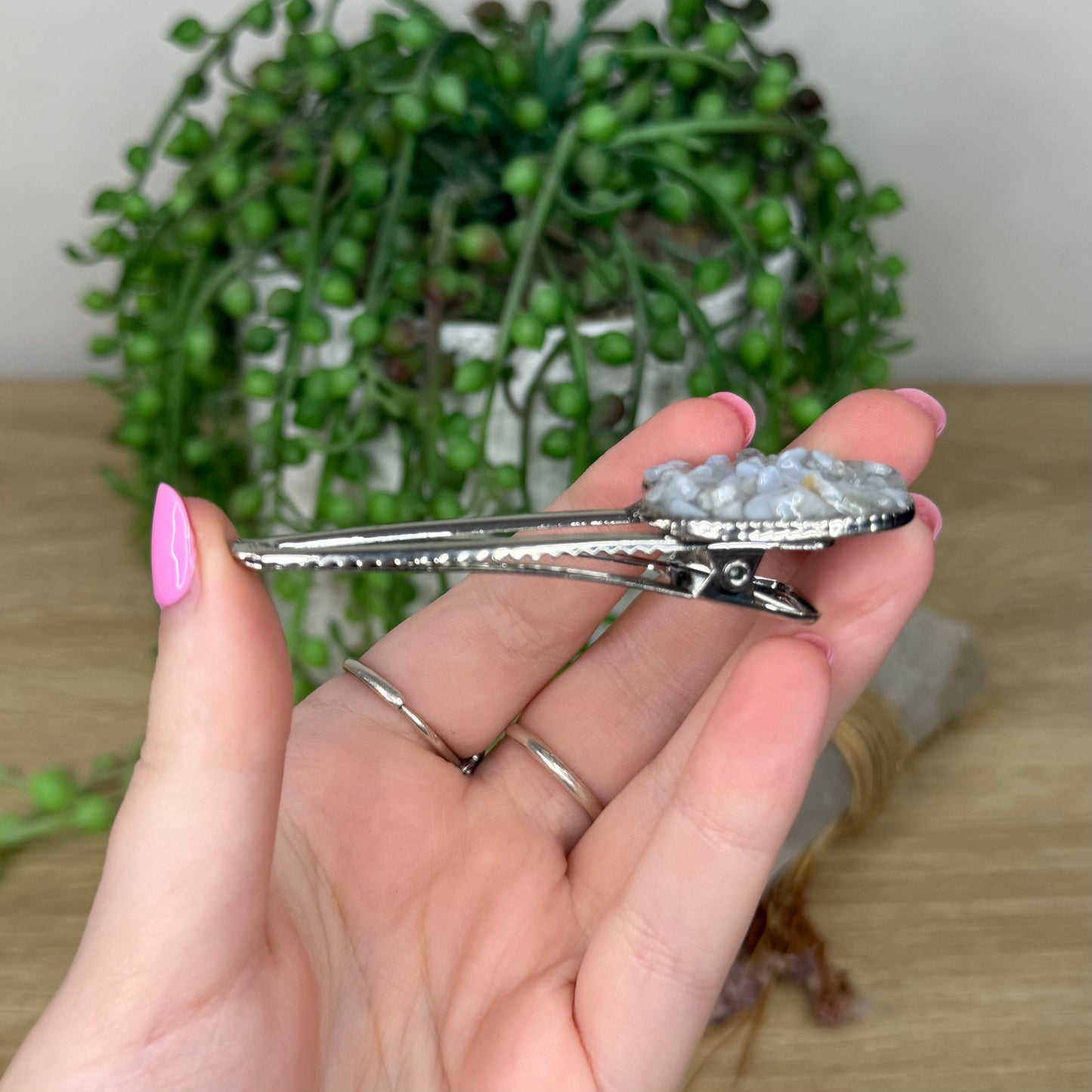 Blue Lace Agate Cat Silver Hair Clip
