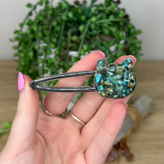 Turquoise Cat Silver Hair Clip