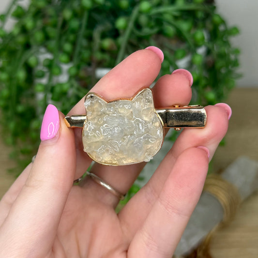 Clear Quartz Cat Gold Hair Clip
