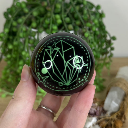 Green Print Black Obsidian Sphere (P540)
