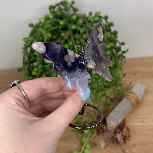 Blue Flower Agate Butterfly Wings On Stand (U720)