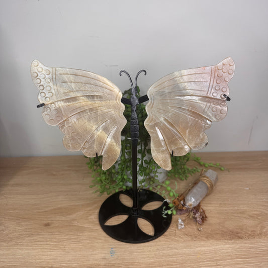 Peach Moonstone Butterfly Wings On Stand (U785)