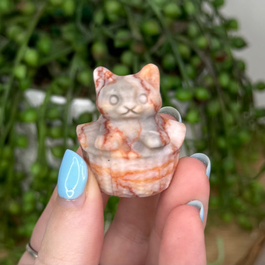 Red Vein Jasper Cat In Basket (U496)