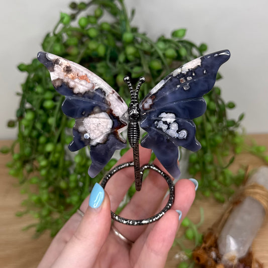 Blue Flower Agate Butterfly Wings On Stand (U808)