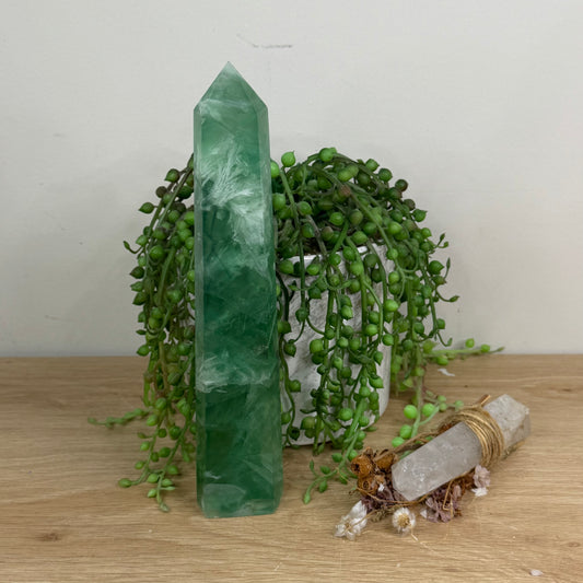 Green Feather Fluorite Tower (W558)