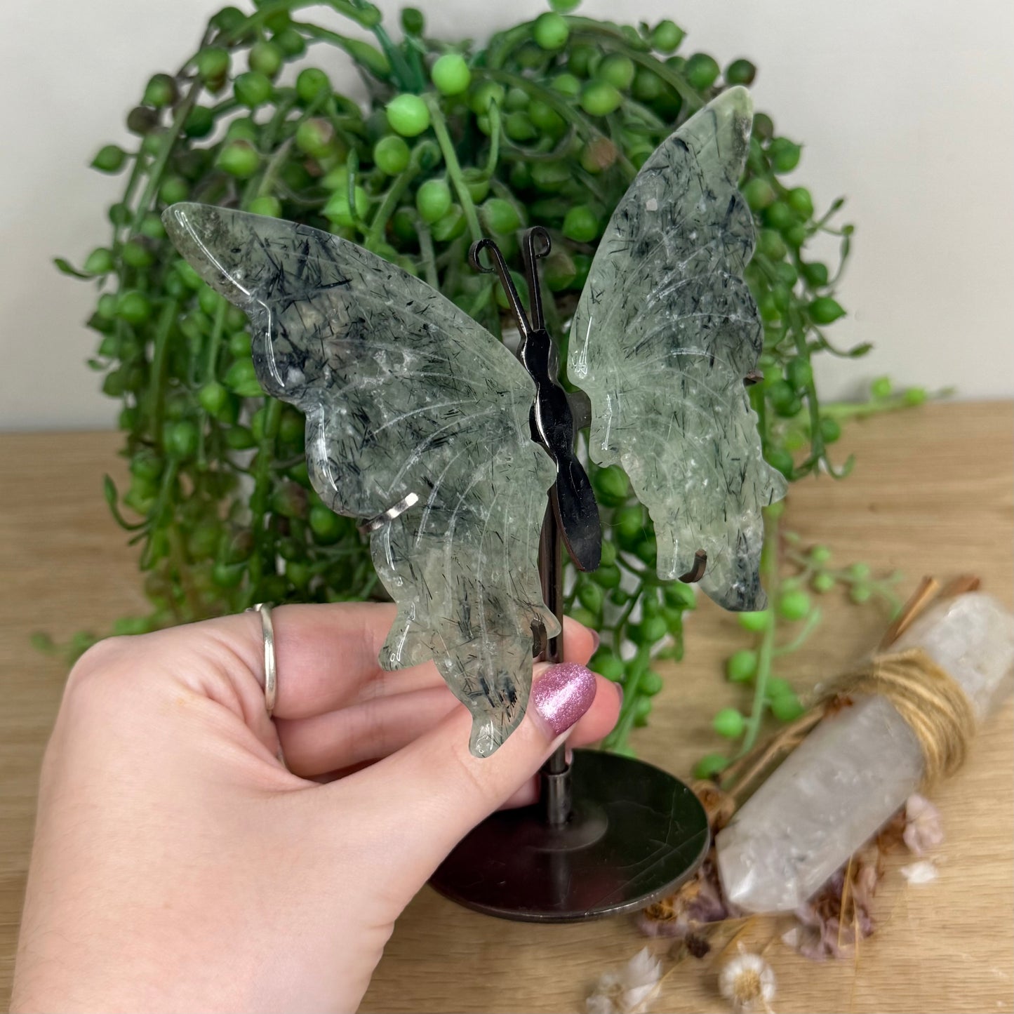 Prehnite Butterfly Wings On Stand (X51)