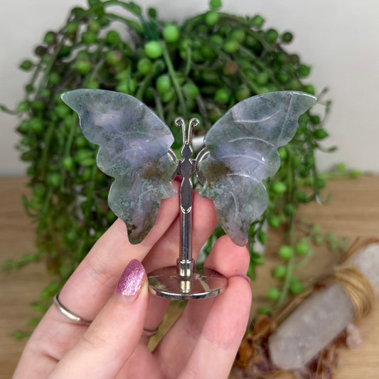 Moss Agate Butterfly Wings On Stand (U432)
