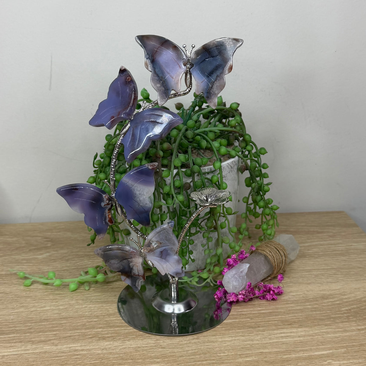 Blue Flower Agate Four Butterfly Stand (405B)