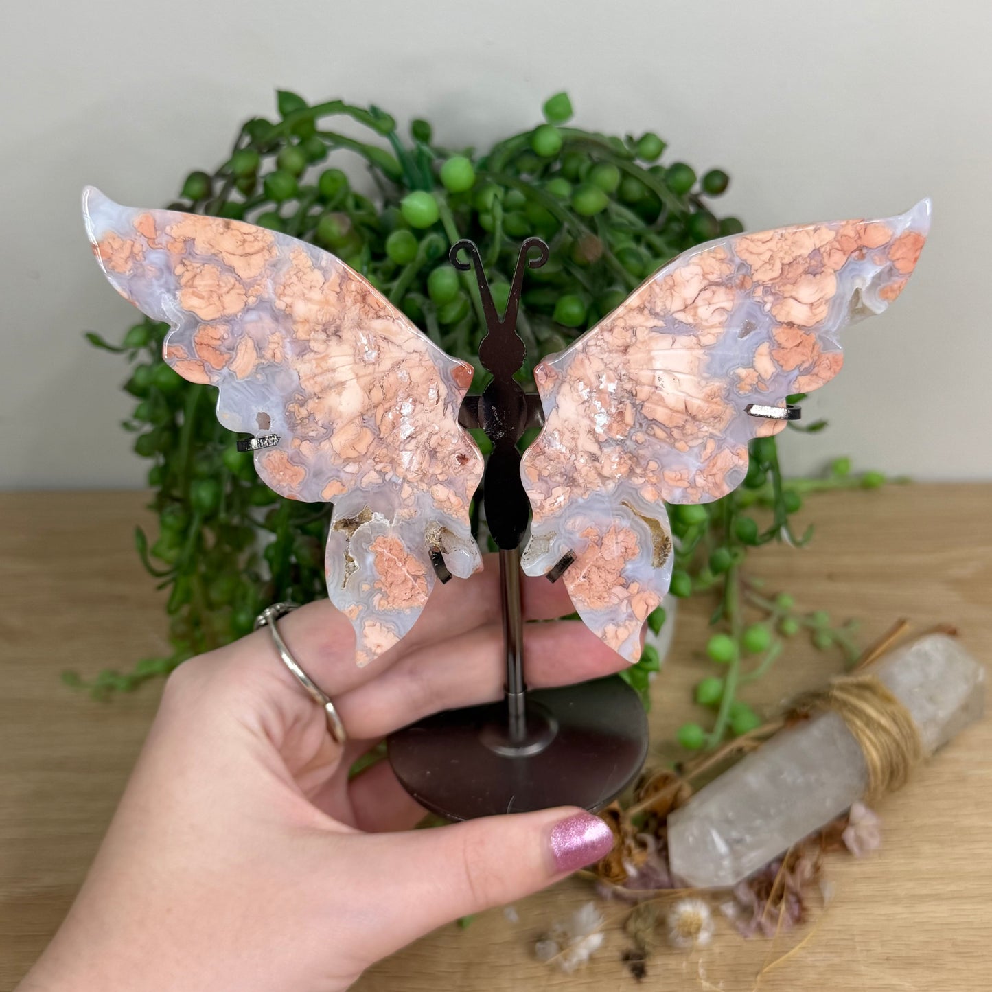 Pink Candy Agate Butterfly Wings On Stand (W999)