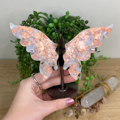 Pink Candy Agate Butterfly Wings On Stand (W999)
