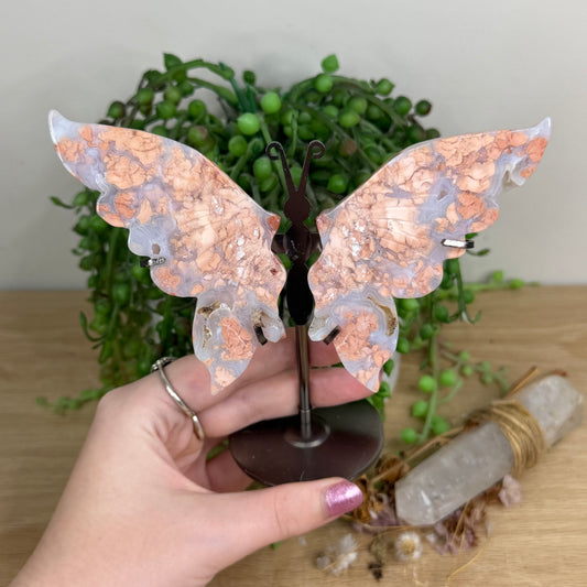 Pink Candy Agate Butterfly Wings On Stand (W999)
