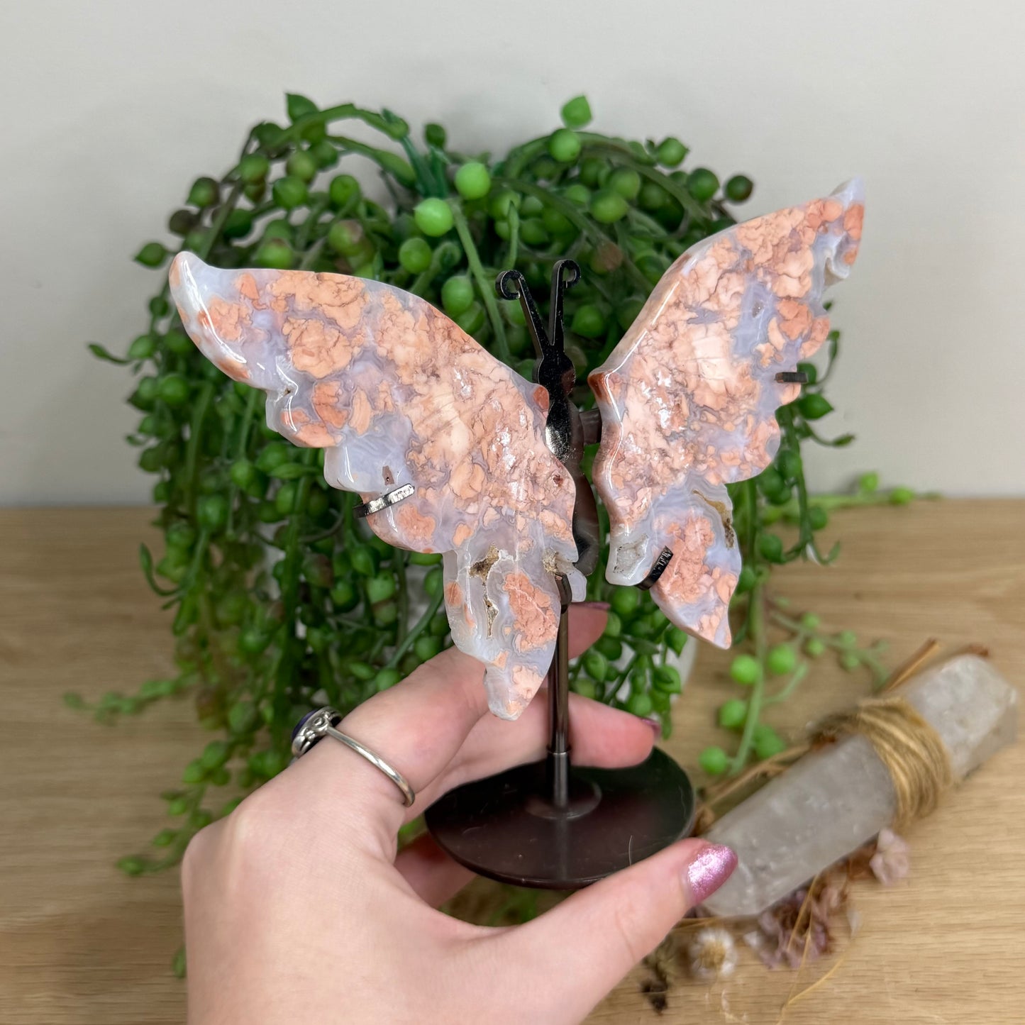 Pink Candy Agate Butterfly Wings On Stand (W999)