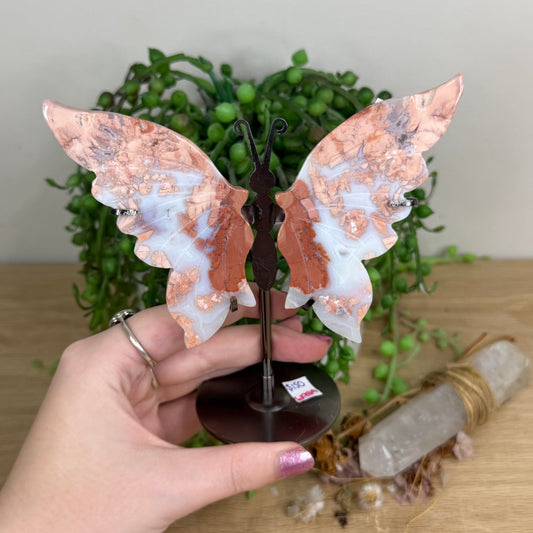 Pink Candy Agate Butterfly Wings On Stand (X2)