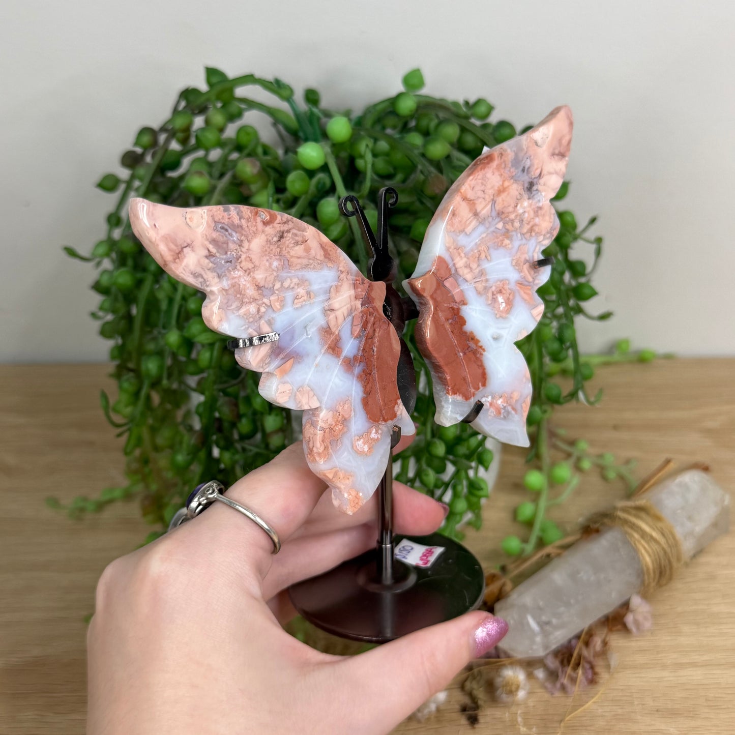 Pink Candy Agate Butterfly Wings On Stand (X2)