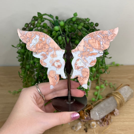 Pink Candy Agate Butterfly Wings On Stand (W998)