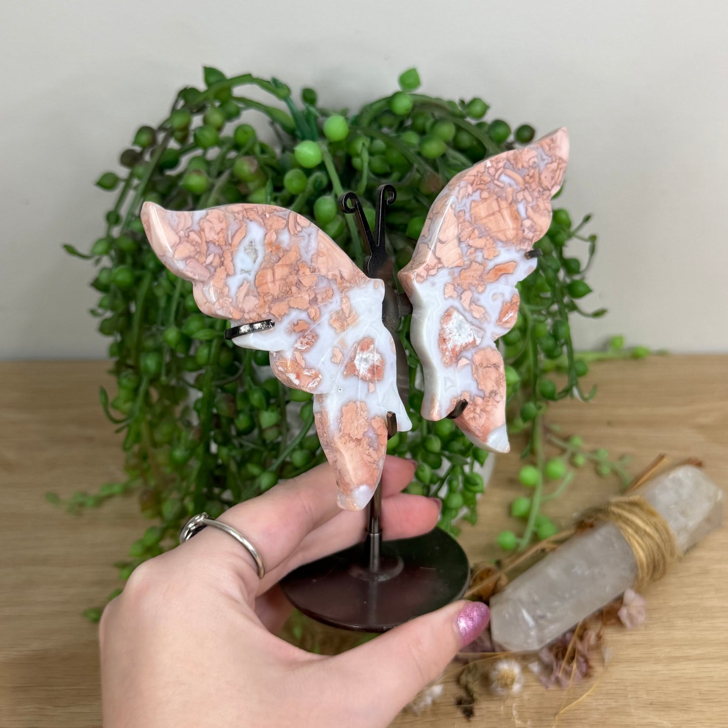 Pink Candy Agate Butterfly Wings On Stand (W998)
