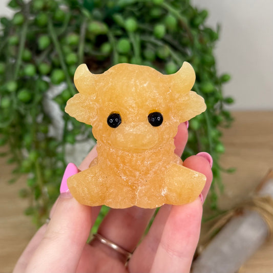 Yellow Calcite Sitting Highland Cow (X393)