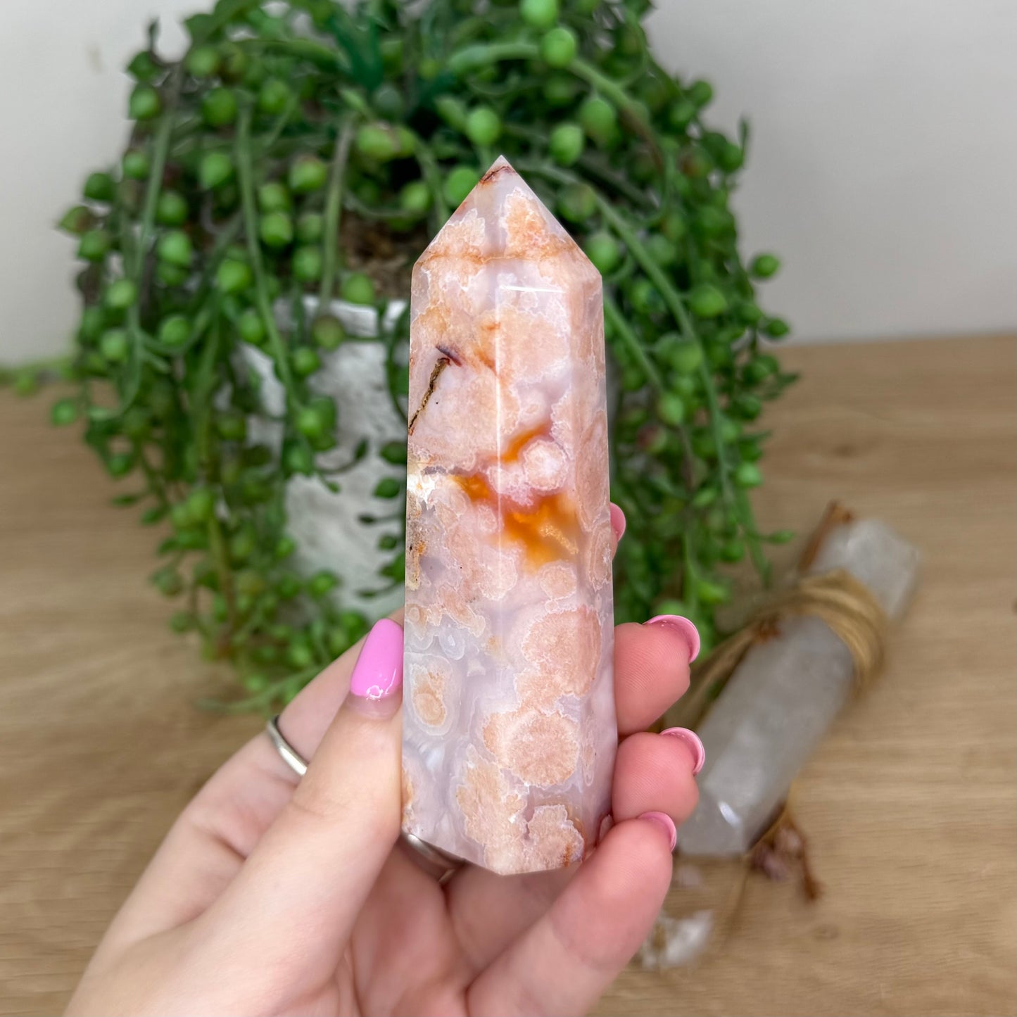 Pink Madagascan Flower Agate / Carnelian Point (X157)