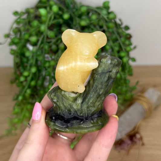 Yellow Calcite / Green Jade Koala In Tree (X919)