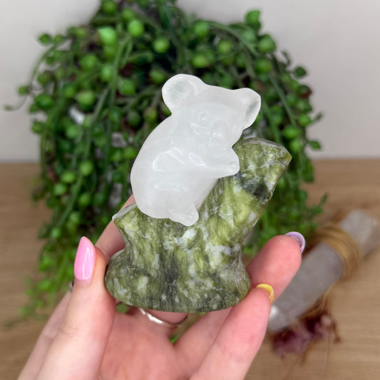 Clear Quartz / Green Jade Koala In Tree (X922)