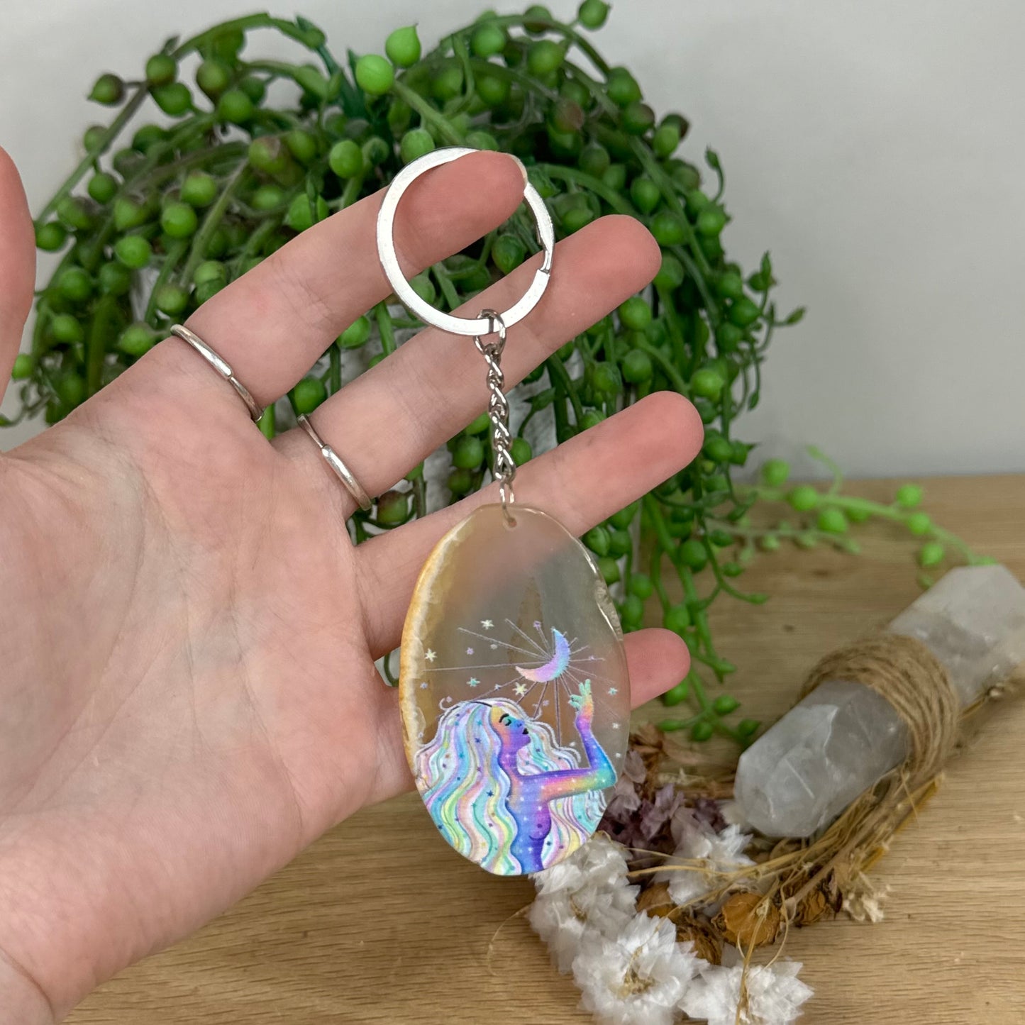 Rainbow Goddess Agate Slice Keychain (E5)