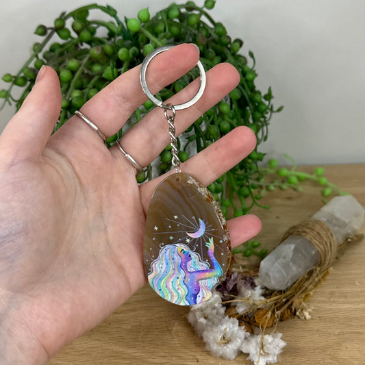 Rainbow Goddess Agate Slice Keychain (D857)