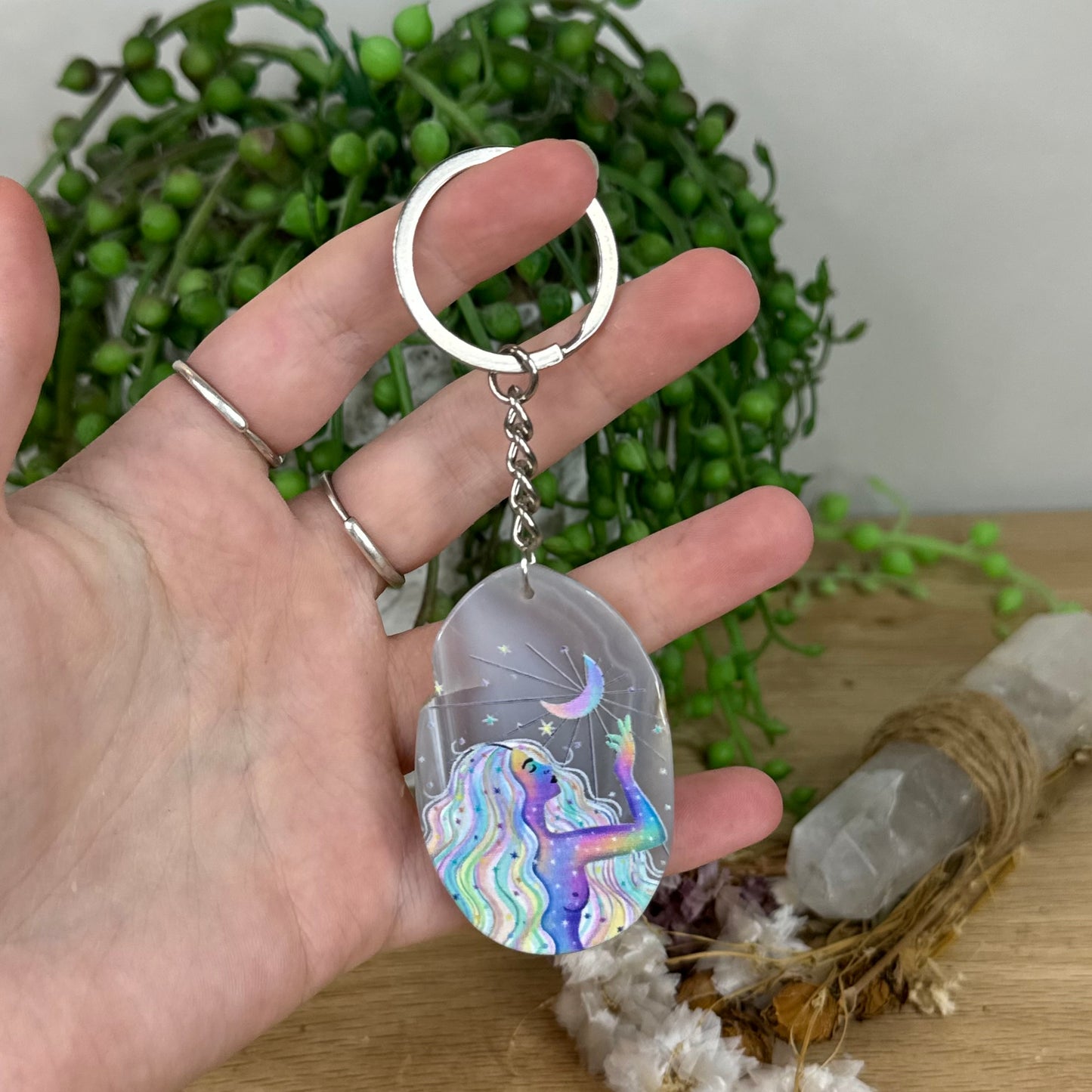 Rainbow Goddess Agate Slice Keychain (E8)