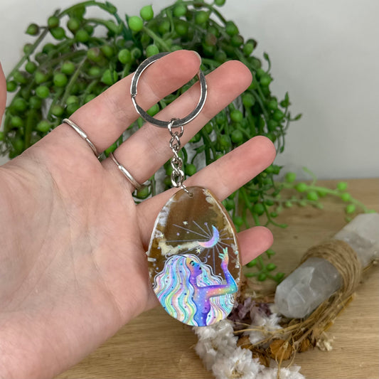 Rainbow Goddess Agate Slice Keychain (E11)