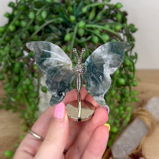 Moss Agate Butterfly Wings On Stand (Y142)